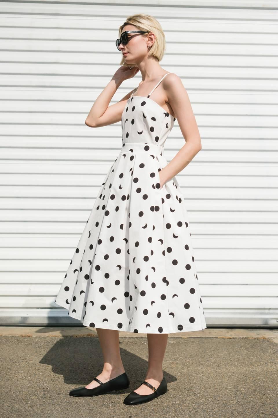 Flying Tomato Harmony Horizon woven midi dress in white, featuring a flowing design and elegant sleeveless style.