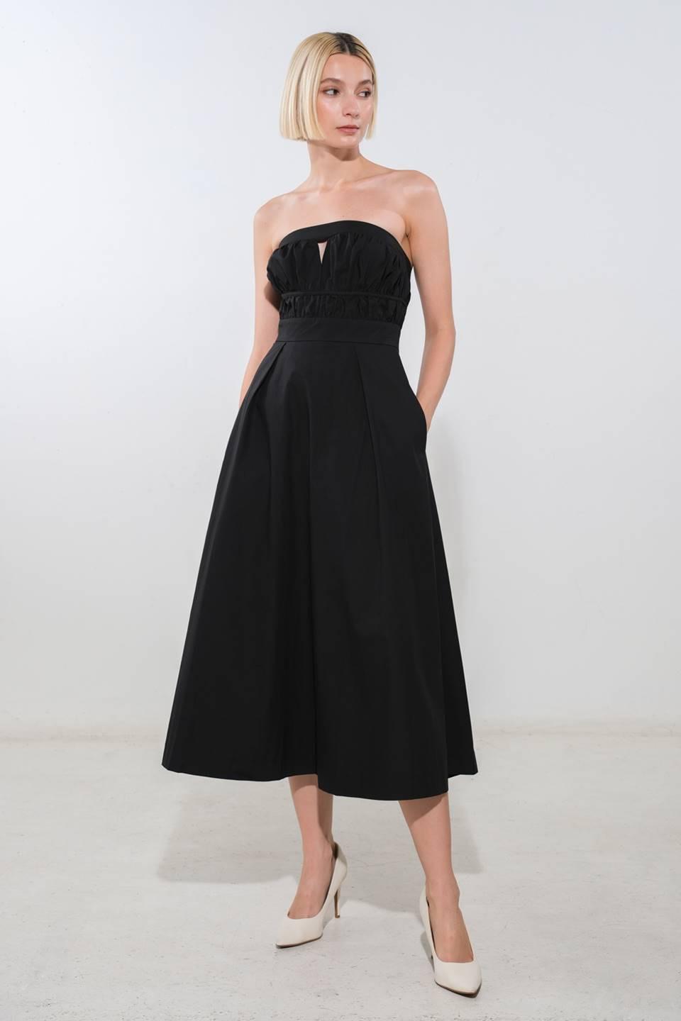Black Mystic Muse woven midi dress by Flying Tomato, featuring a flowing silhouette and intricate woven fabric.