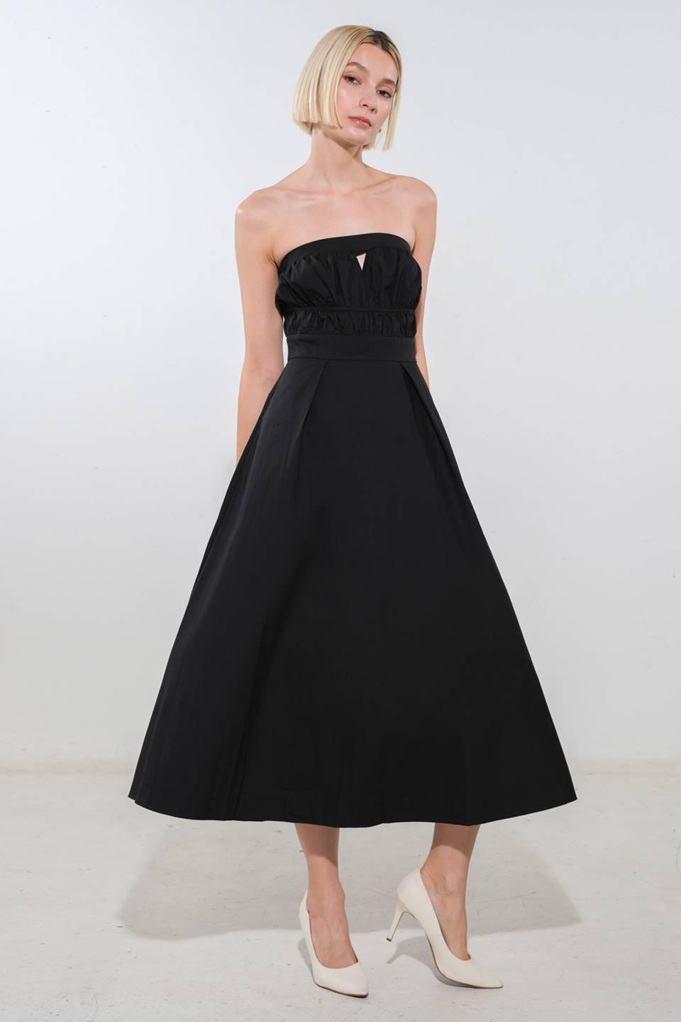 Flying Tomato Mystic Muse woven midi dress in black, showcasing a stylish, lightweight dress with intricate woven details.