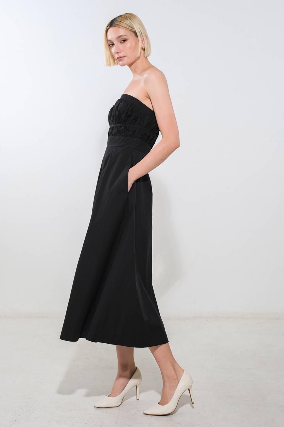 Black Mystic Muse woven midi dress by Flying Tomato, flowing fabric with intricate woven pattern, stylish and comfortable for any occasion.