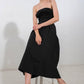Black Mystic Muse woven midi dress by Flying Tomato, featuring intricate woven fabric and a stylish, flowy silhouette.