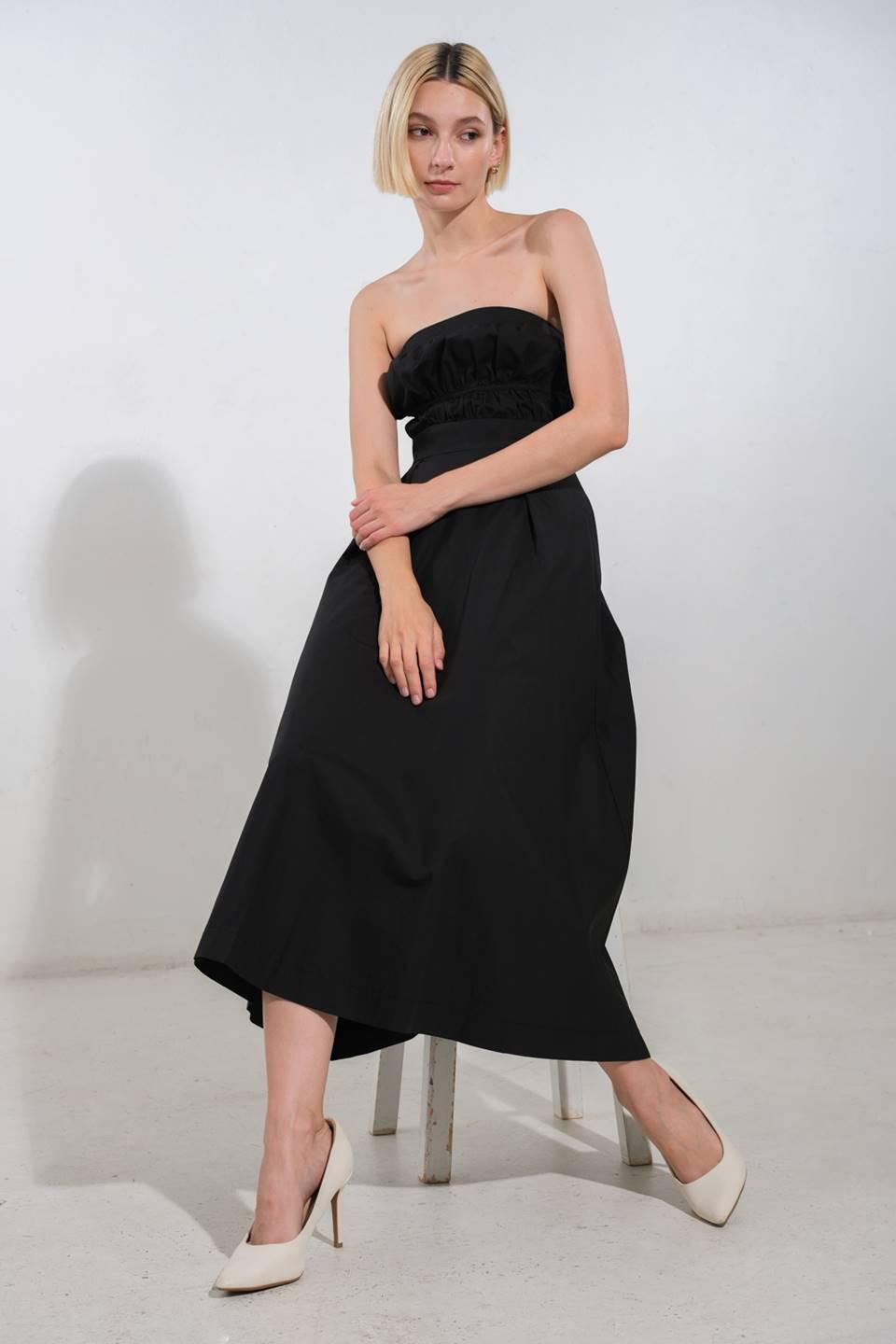 Black Mystic Muse woven midi dress by Flying Tomato, featuring intricate woven fabric and a stylish, flowy silhouette.