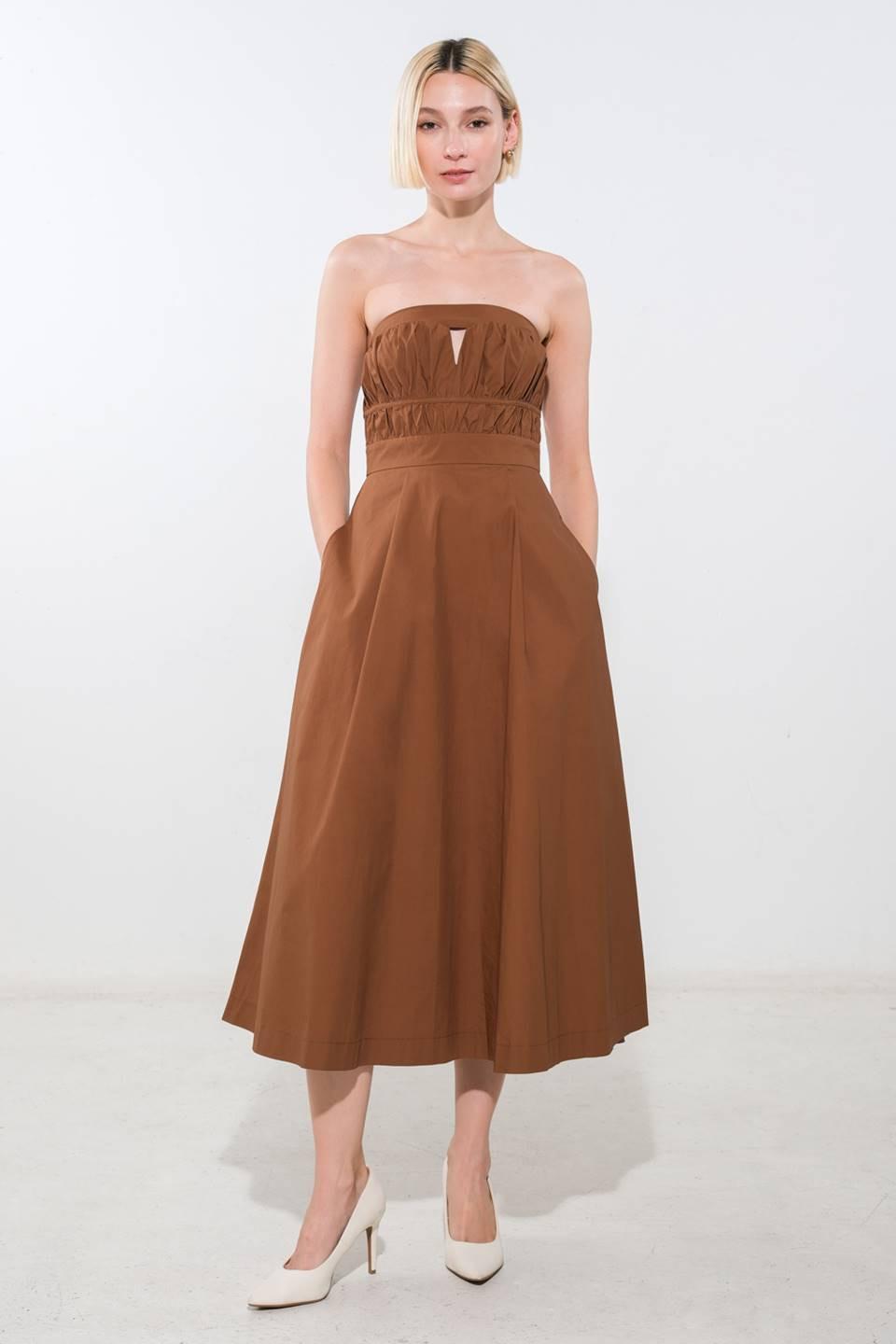 Flying Tomato Mystic Muse woven midi dress in mocha, showcasing its elegant, flowing fabric and stylish design.