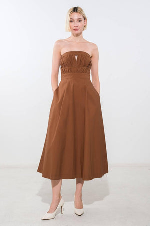 Flying Tomato Mystic Muse woven midi dress in mocha, showcasing its elegant, flowing fabric and stylish design.