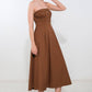 Flying Tomato Mystic Muse woven midi dress in mocha color, featuring intricate fabric pattern and flowing design.