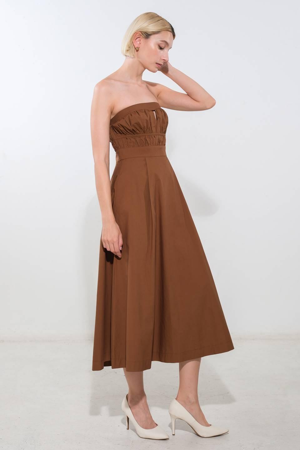Flying Tomato Mystic Muse woven midi dress in mocha color, featuring intricate fabric pattern and flowing design.