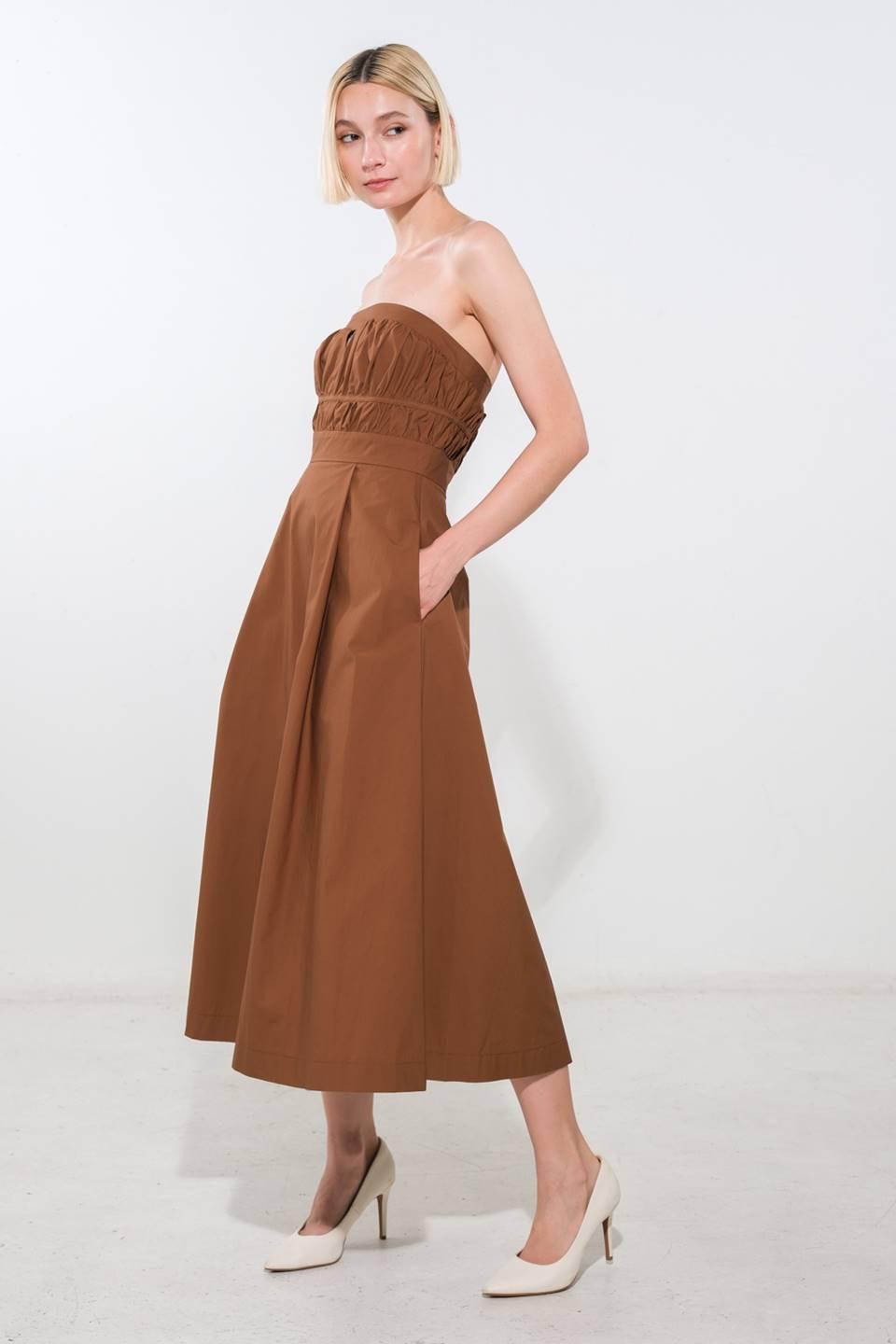 Flying Tomato Mystic Muse woven midi dress in mocha color, featuring a stylish and comfortable design with intricate woven details.