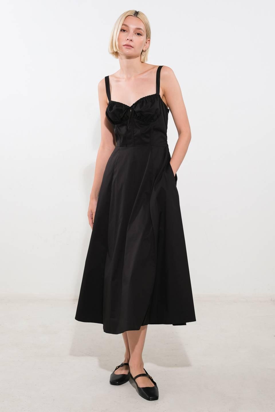 Black Oceanic Opulence woven midi dress by Flying Tomato, featuring lightweight fabric and elegant design, displayed on a mannequin.