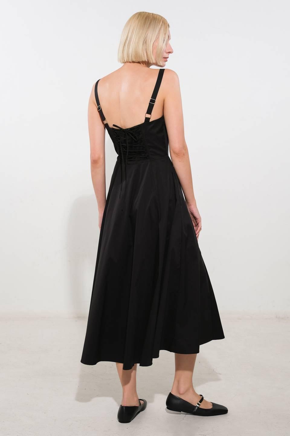 Black Oceanic Opulence woven midi dress by Flying Tomato, featuring intricate fabric details and a stylish, elegant silhouette.