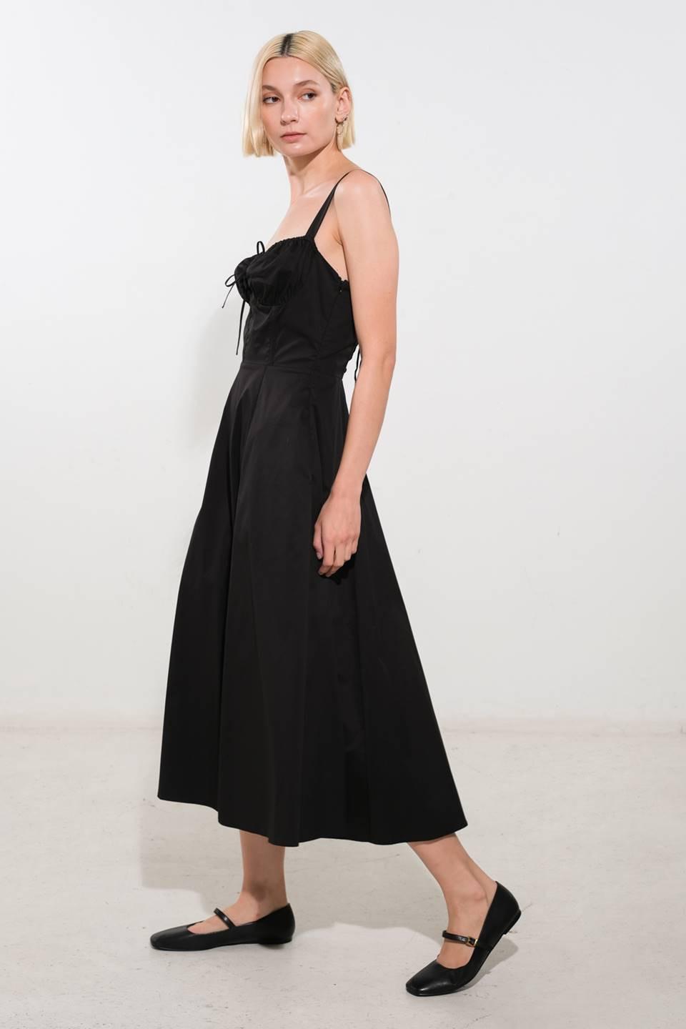 Black Oceanic Opulence woven midi dress by Flying Tomato featuring intricate detailing and a stylish, flowing silhouette.