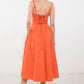 Flying Tomato Oceanic Opulence woven midi dress in vibrant orange, featuring a flowing, textured fabric and elegant design.