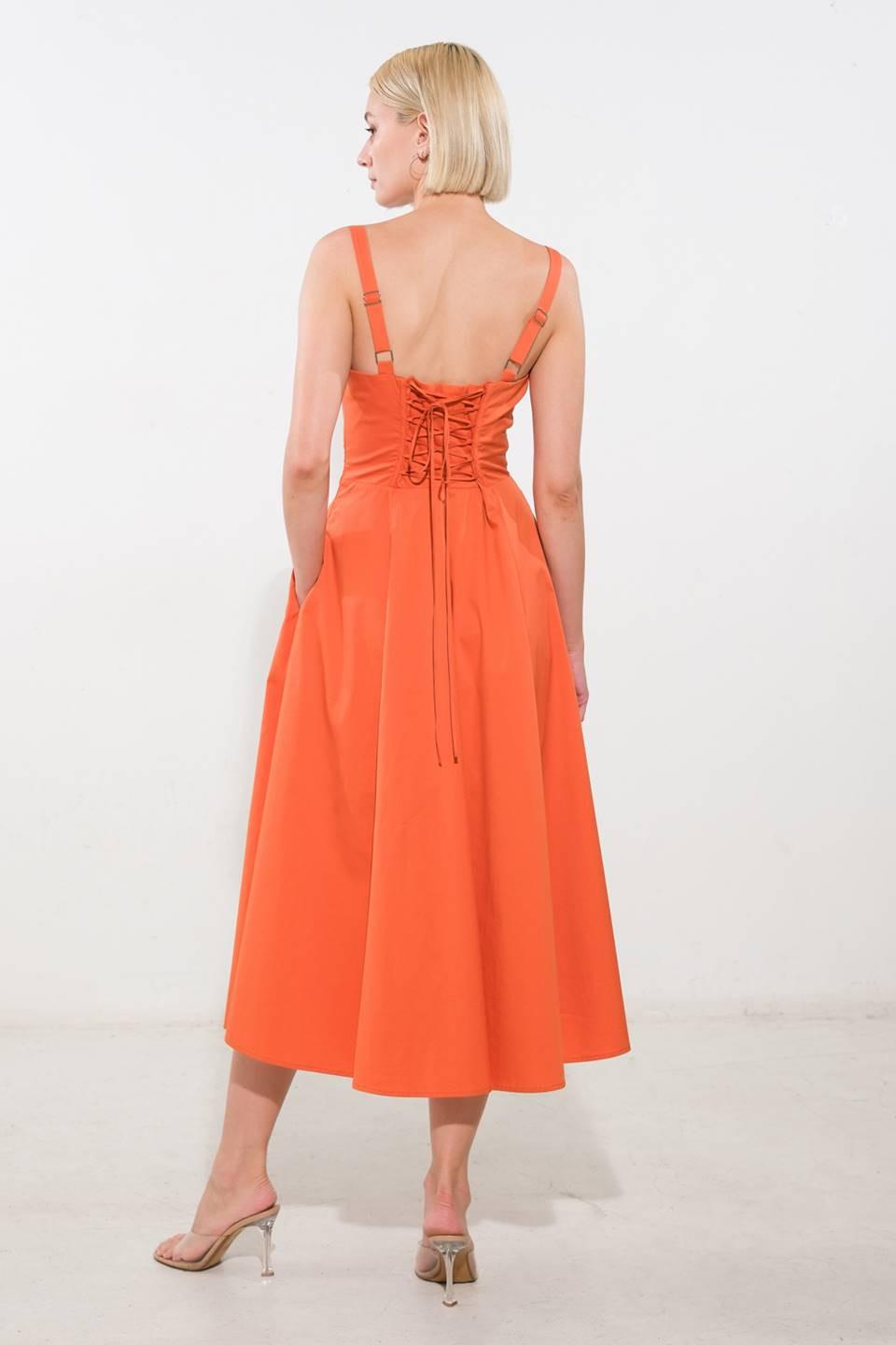 Flying Tomato Oceanic Opulence woven midi dress in vibrant orange, featuring a flowing, textured fabric and elegant design.