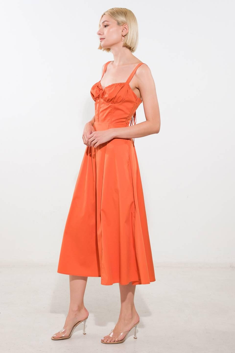 Orange woven midi dress from Flying Tomato's Oceanic Opulence collection, featuring a stylish, flowing design perfect for summer.