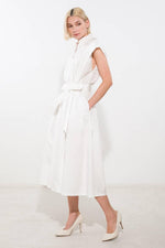 Off-white woven midi dress by Flying Tomato, featuring a deep connection design with intricate fabric details.