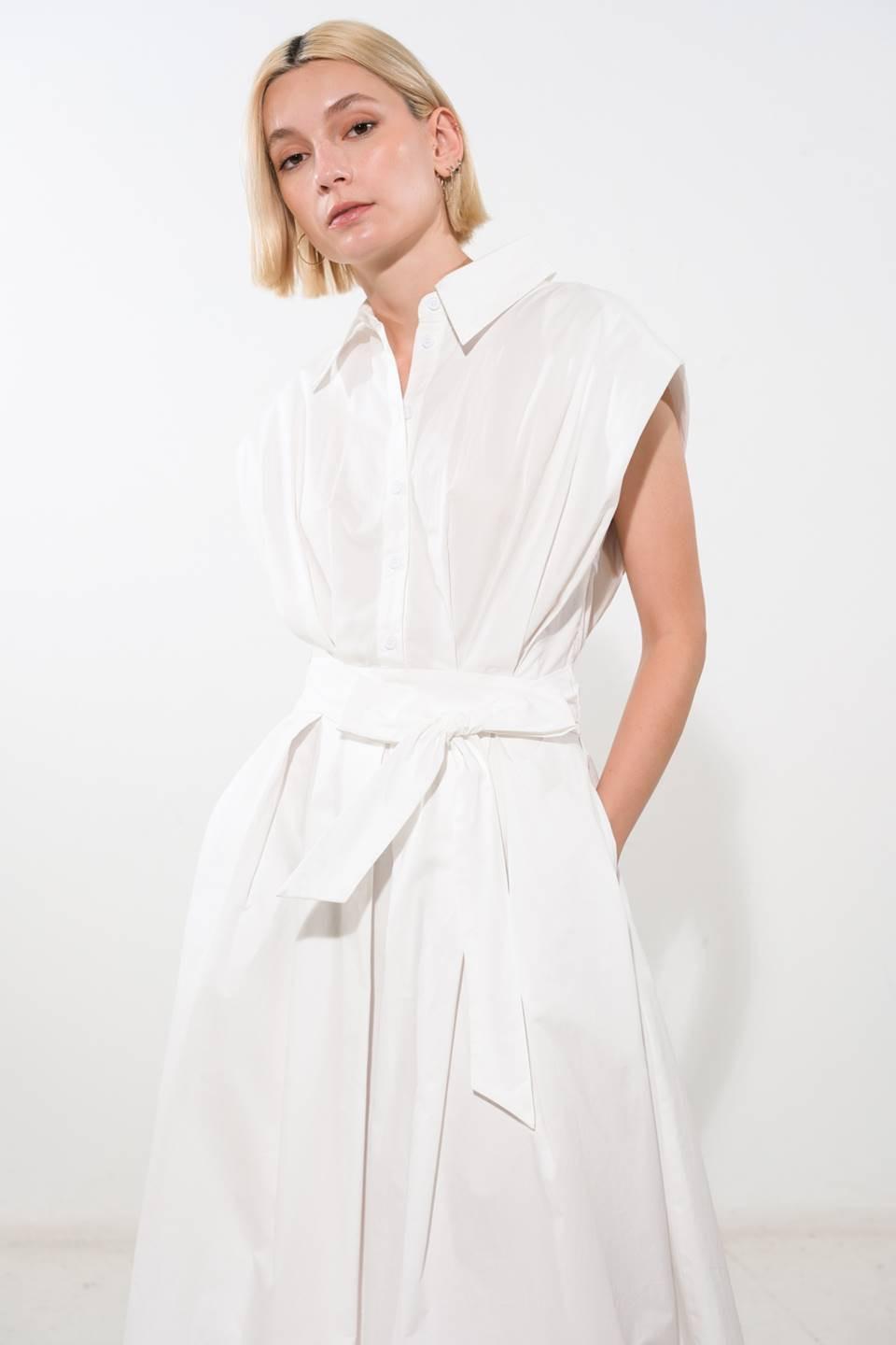 Off-white woven midi dress by Flying Tomato featuring a deep connection design and a flowing, stylish silhouette.