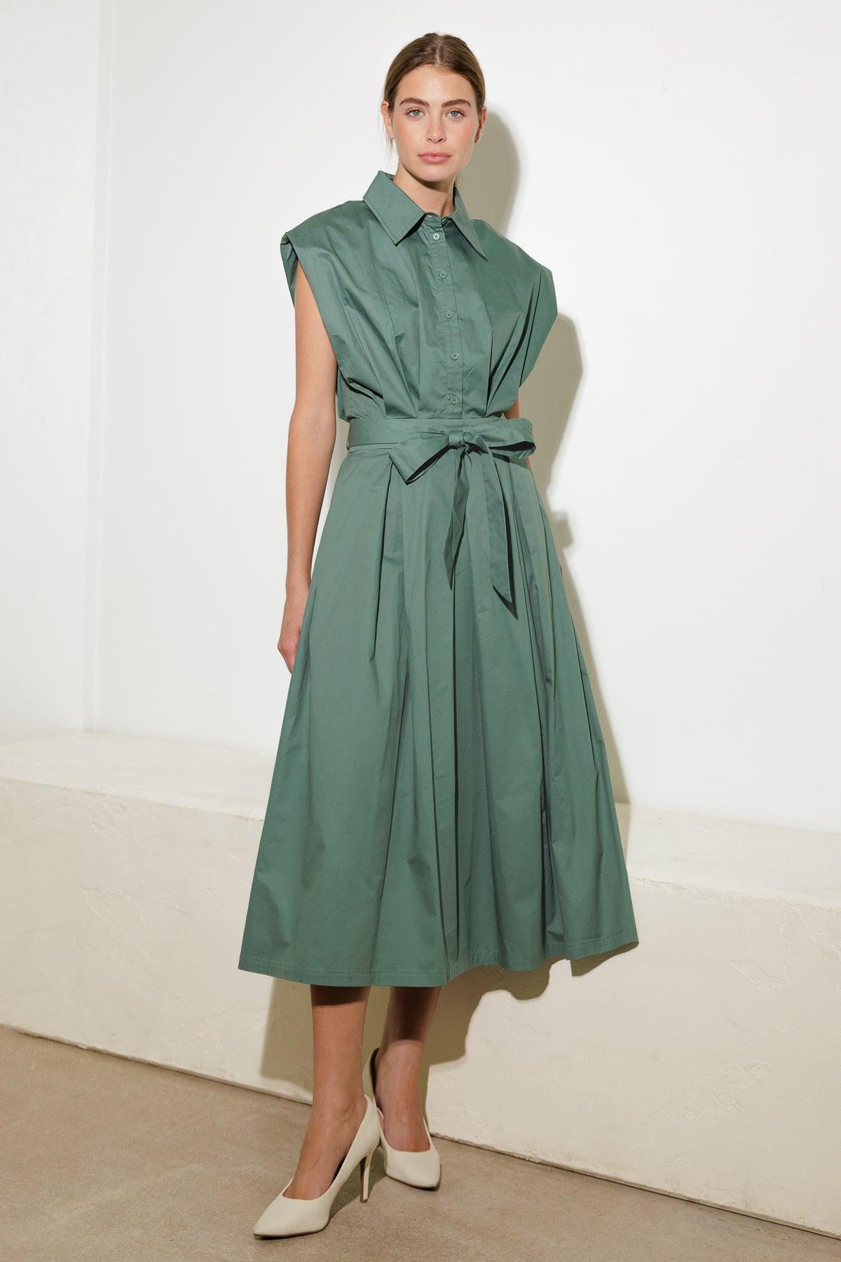 Flying Tomato Deeper Connection Woven Midi Dress in sage green, featuring a flowing, textured fabric and a stylish midi length.