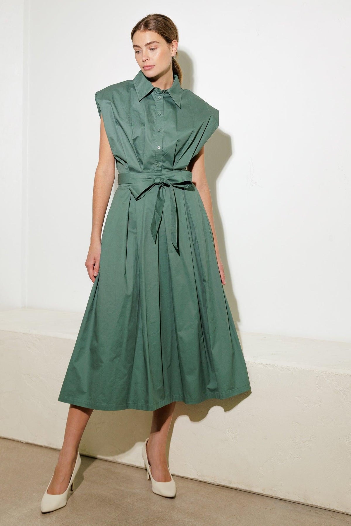 Flying Tomato Deeper Connection woven midi dress in sage color, featuring a flowy, lightweight design with intricate woven details.