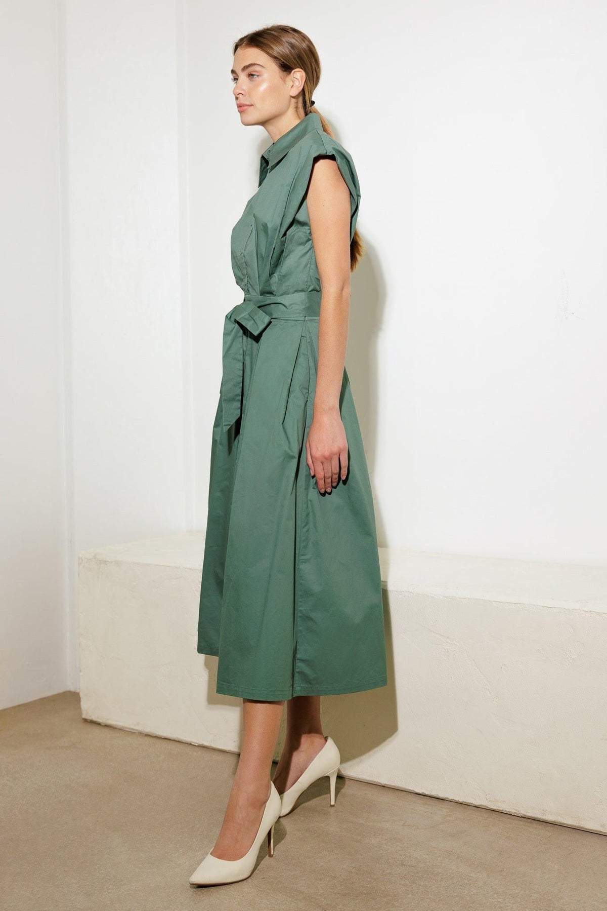 Flying Tomato Deeper Connection woven midi dress in sage green with a relaxed fit and intricate woven pattern.