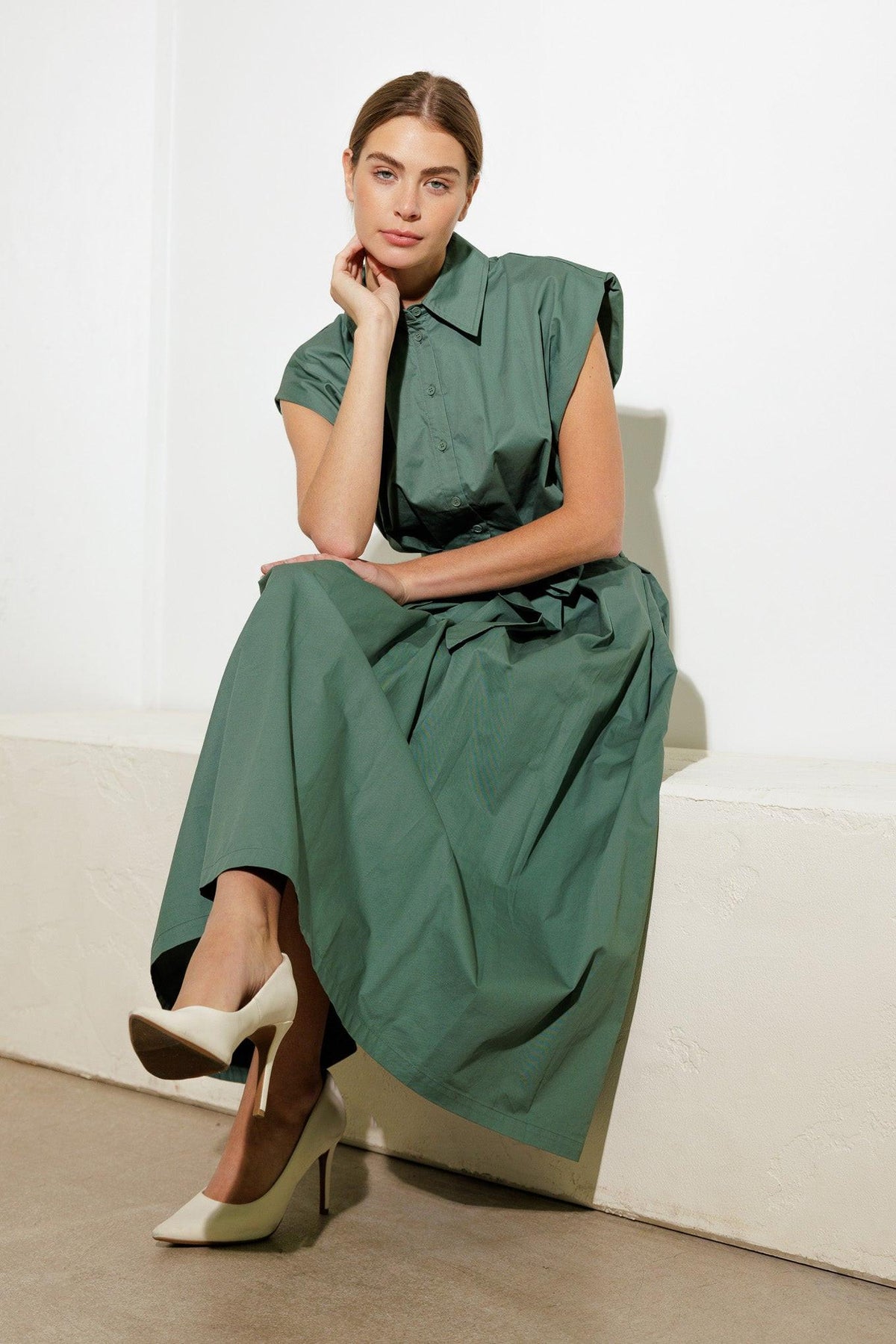 Flying Tomato Deeper Connection woven midi dress in sage green, featuring a flowing, textured fabric and stylish design.