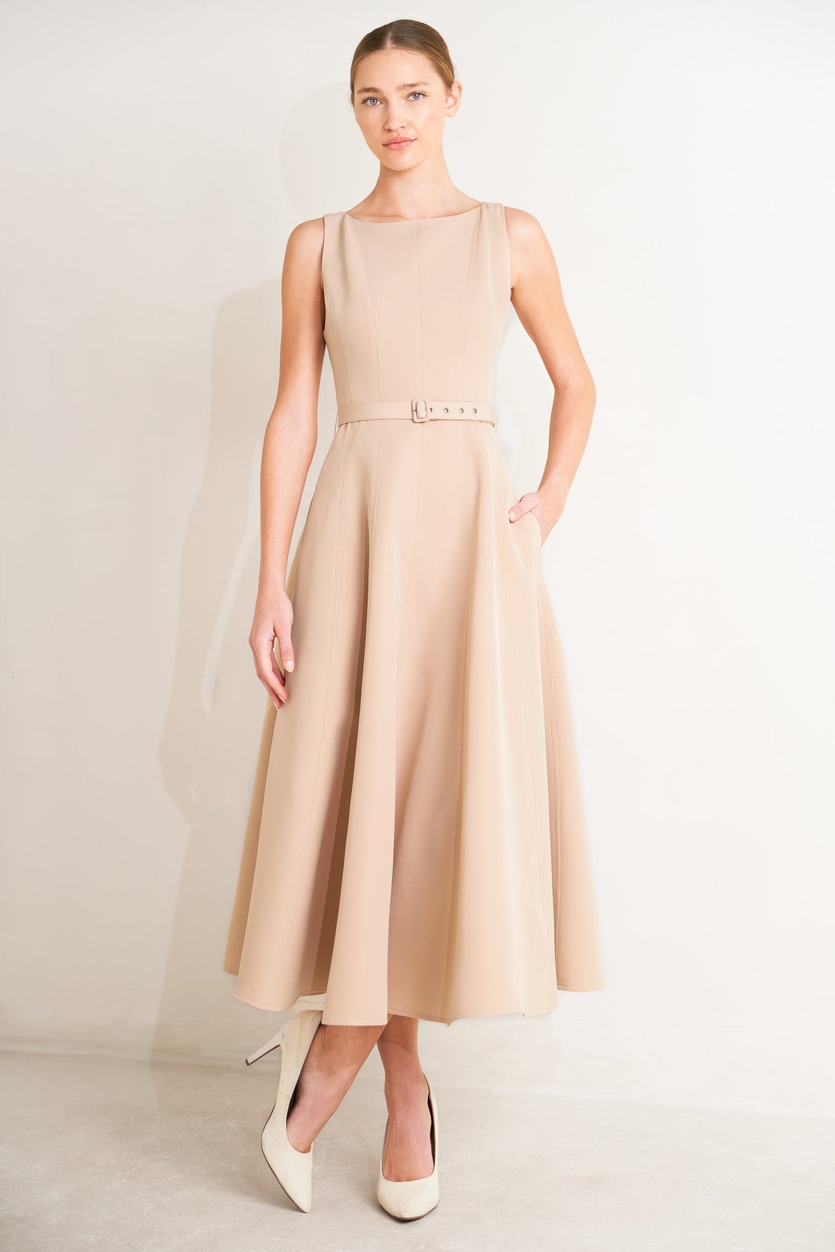 Beige woven midi dress from Flying Tomato's Living the Dream collection, featuring a relaxed fit and stylish design.