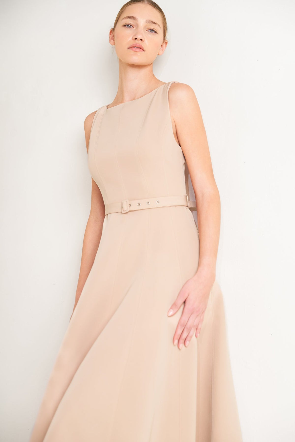 Beige woven midi dress from Flying Tomato's Living the Dream collection, featuring a flowing, stylish design.