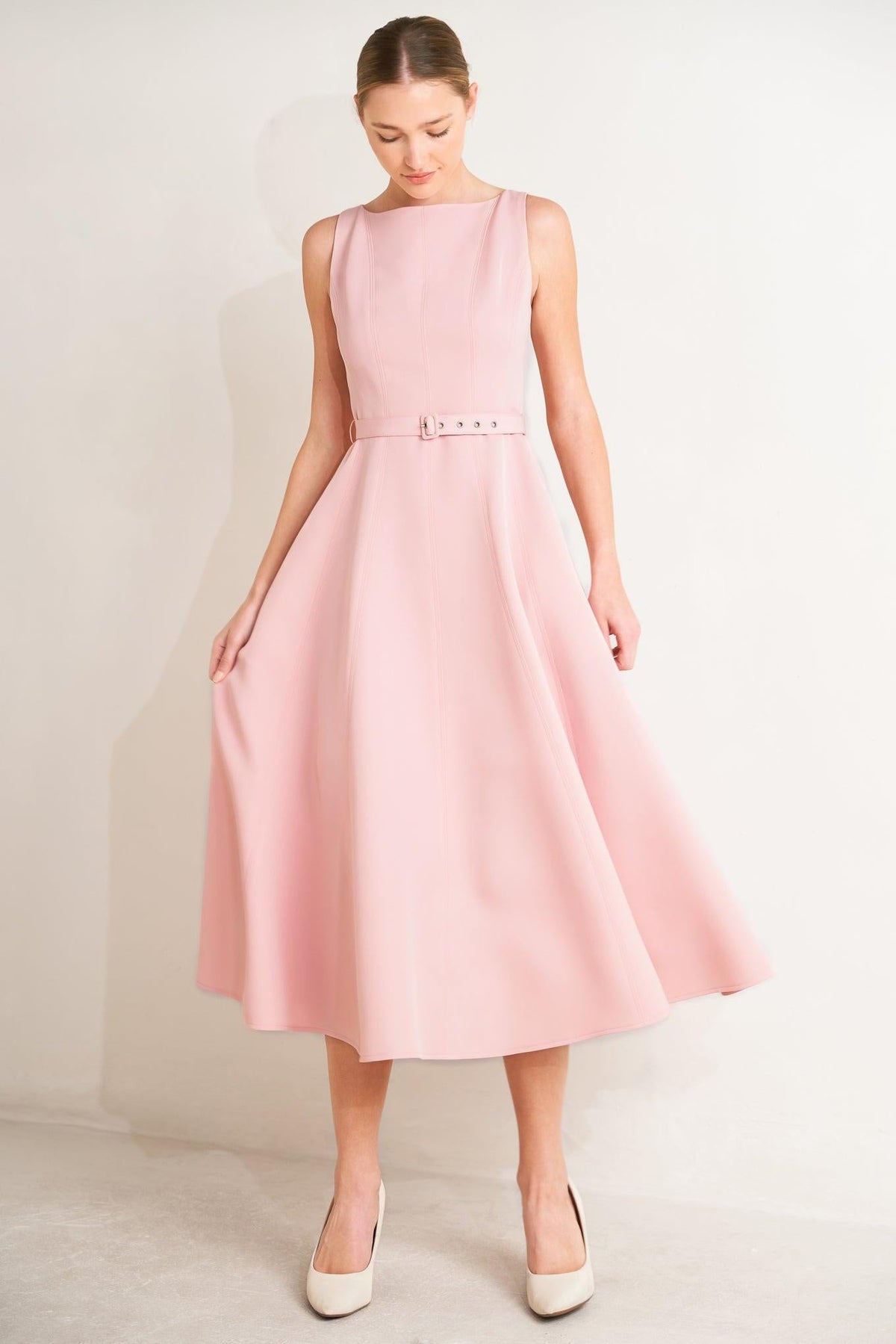Flying Tomato woven midi dress in pink with a flowing, bohemian style, perfect for casual and summer wear.