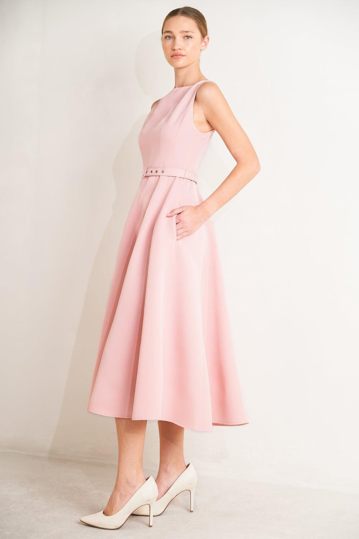 Pink woven midi dress from Flying Tomato's Living the Dream collection, featuring a flowy, stylish design perfect for summer.
