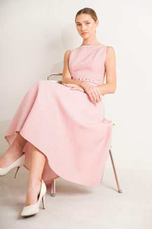 Pink Flying Tomato woven midi dress from the Living the Dream collection, featuring a stylish, flowing design perfect for casual wear.