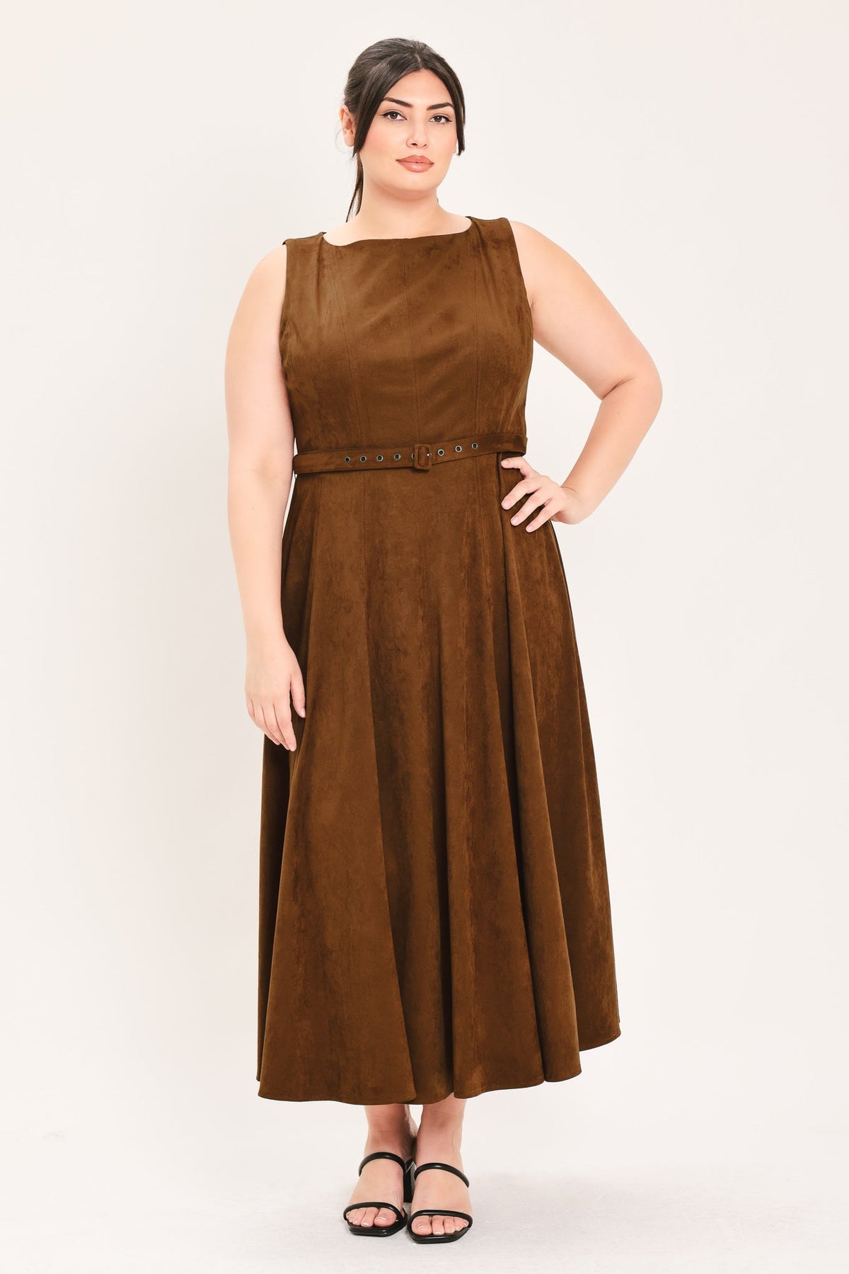 Flying Tomato amber tobacco faux suede midi dress, stylish knee-length dress with a soft suede texture and a fitted silhouette.
