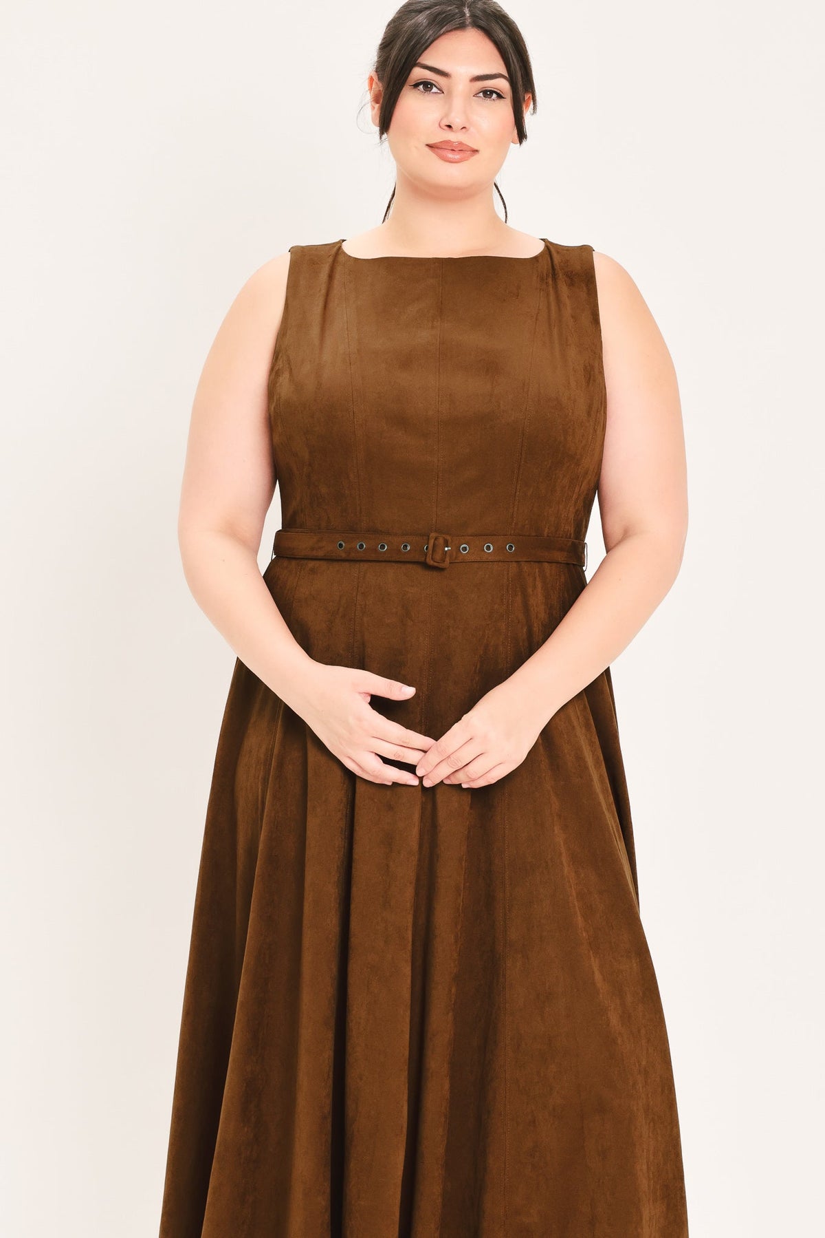 Flying Tomato amber tobacco faux suede midi dress with long sleeves and a fitted silhouette, displayed on a hanger.