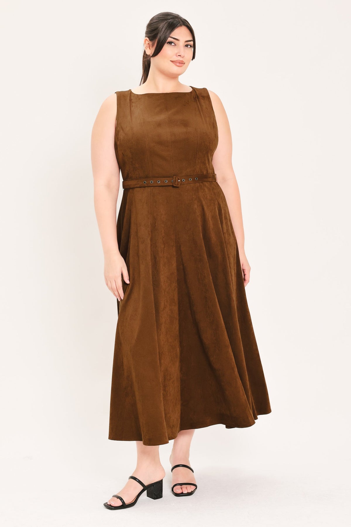 Flying Tomato amber tobacco faux suede midi dress with long sleeves and a fitted silhouette, shown on a hanger.