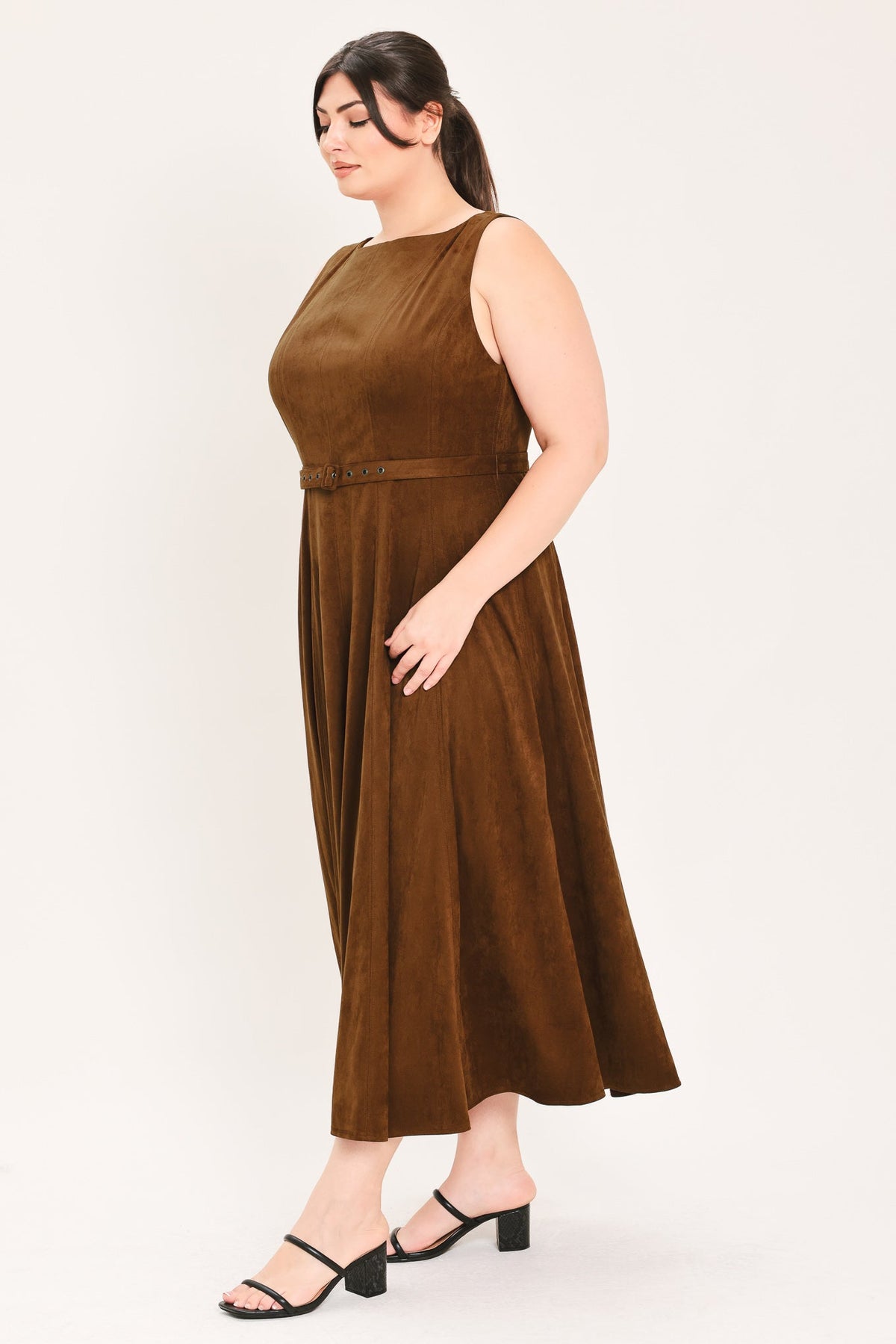 Flying Tomato amber tobacco faux suede midi dress featuring a sleek, fitted silhouette and subtle stitching details.