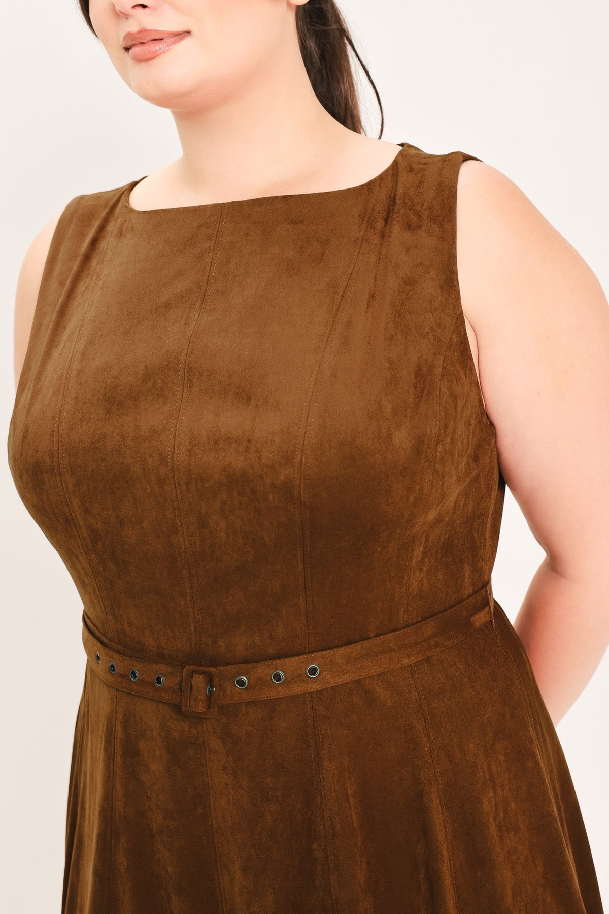 Flying Tomato amber tobacco faux suede midi dress, showing its elegant fit and soft textured fabric on a neutral background.