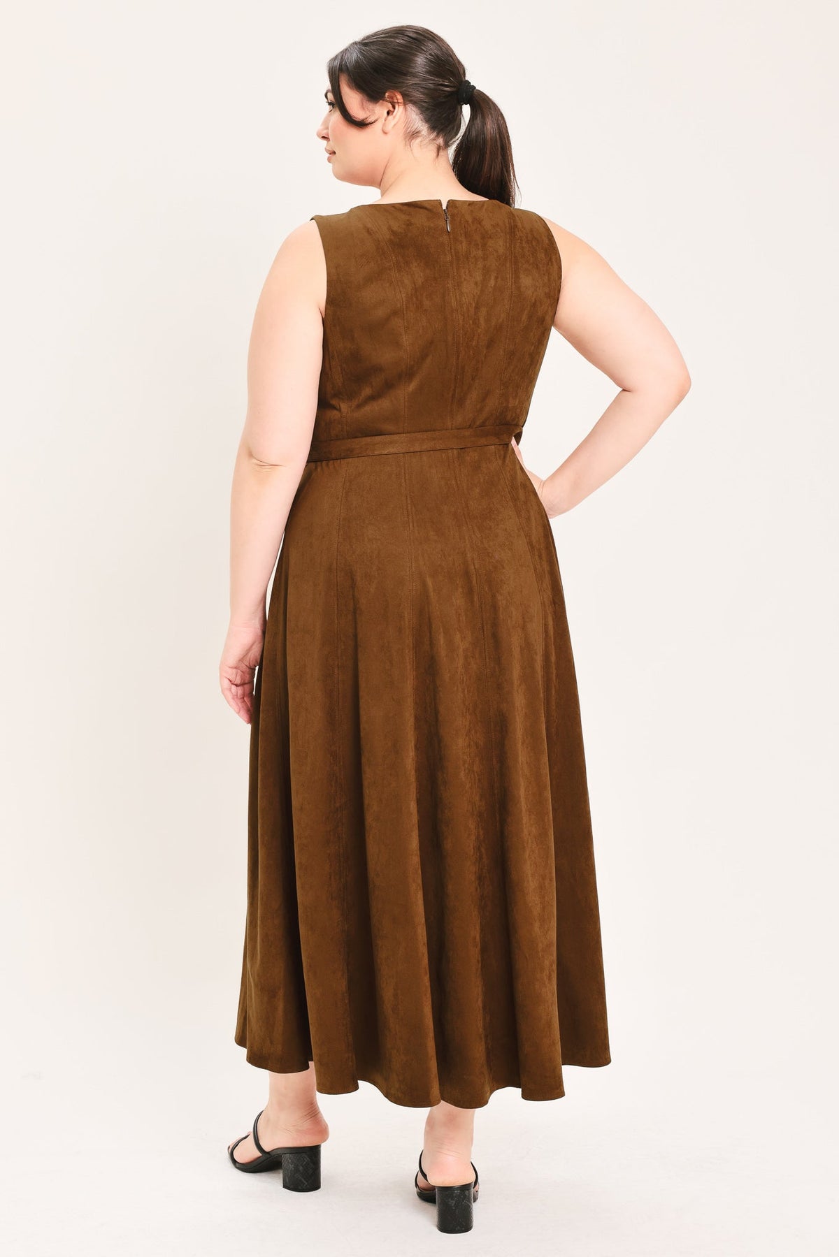 Flying Tomato Amber Tobacco faux suede midi dress, featuring a fitted silhouette and elegant design, showcased on a model.