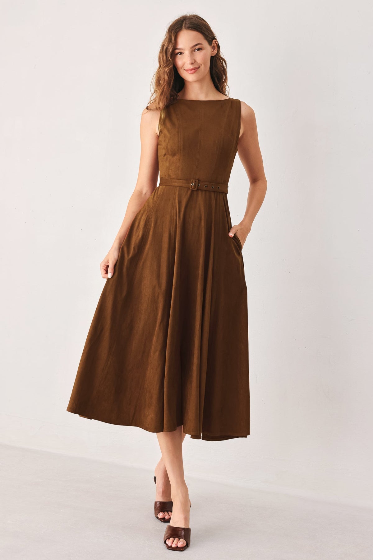 Flying Tomato amber tobacco faux suede midi dress with long sleeves and fitted silhouette, shown hanging on a plain background.