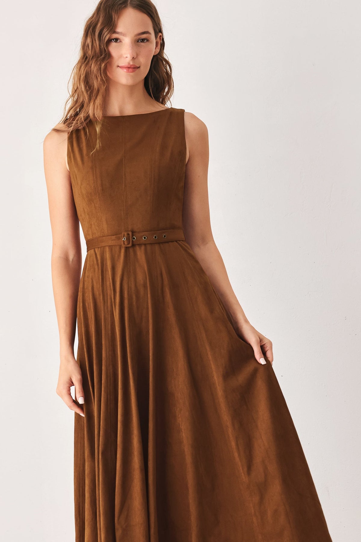 Flying Tomato Amber Tobacco faux suede midi dress, showing a brown tobacco-colored dress with a sleek, fitted silhouette and midi length.