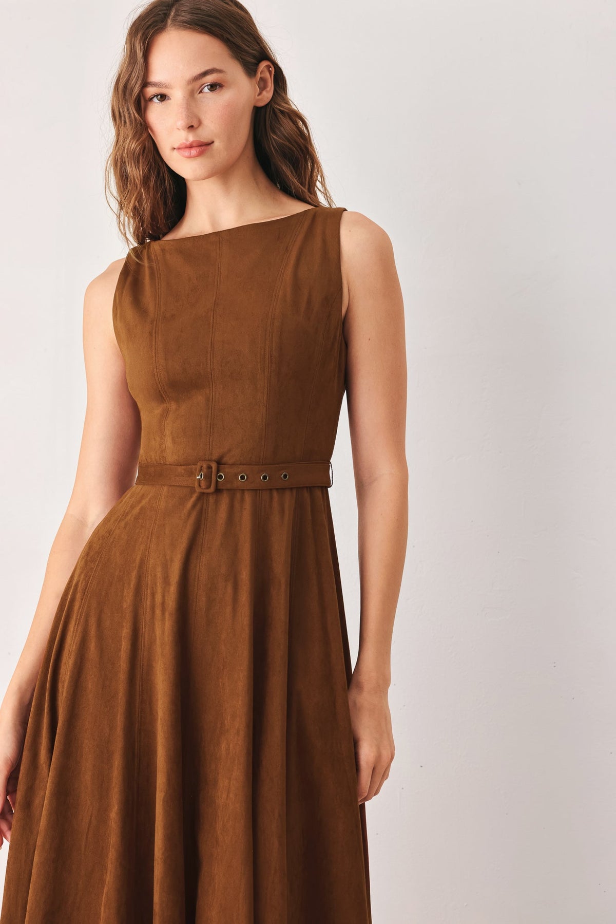 Flying Tomato amber tobacco faux suede midi dress, sleeveless with a fitted waist and elegant knee-length design.