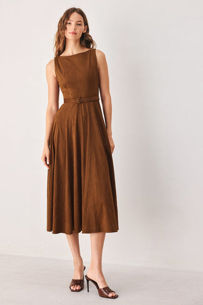 Flying Tomato Amber Tobacco faux suede midi dress displayed on a hanger with detailed fabric texture and classic silhouette.