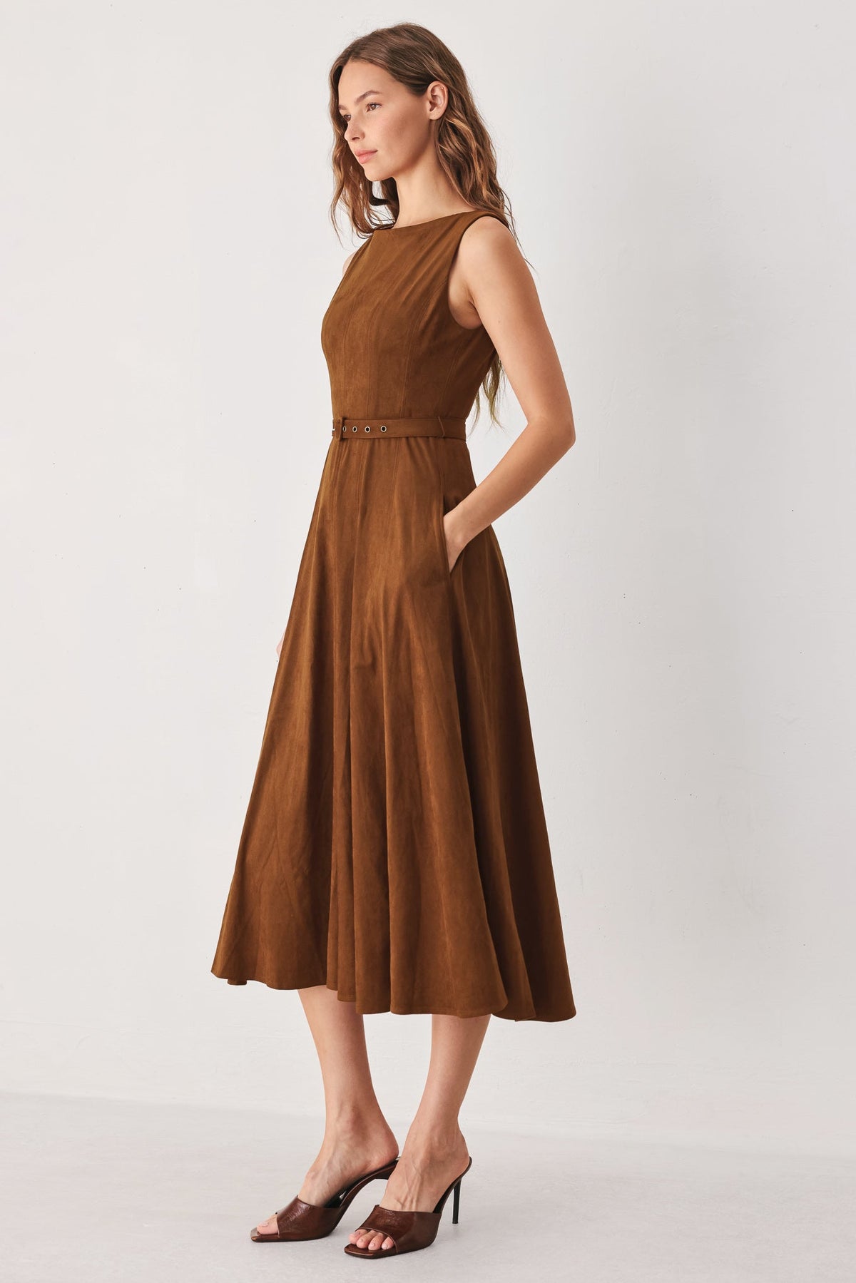 Flying Tomato amber tobacco faux suede midi dress featuring a fitted silhouette and subtle stitching details.