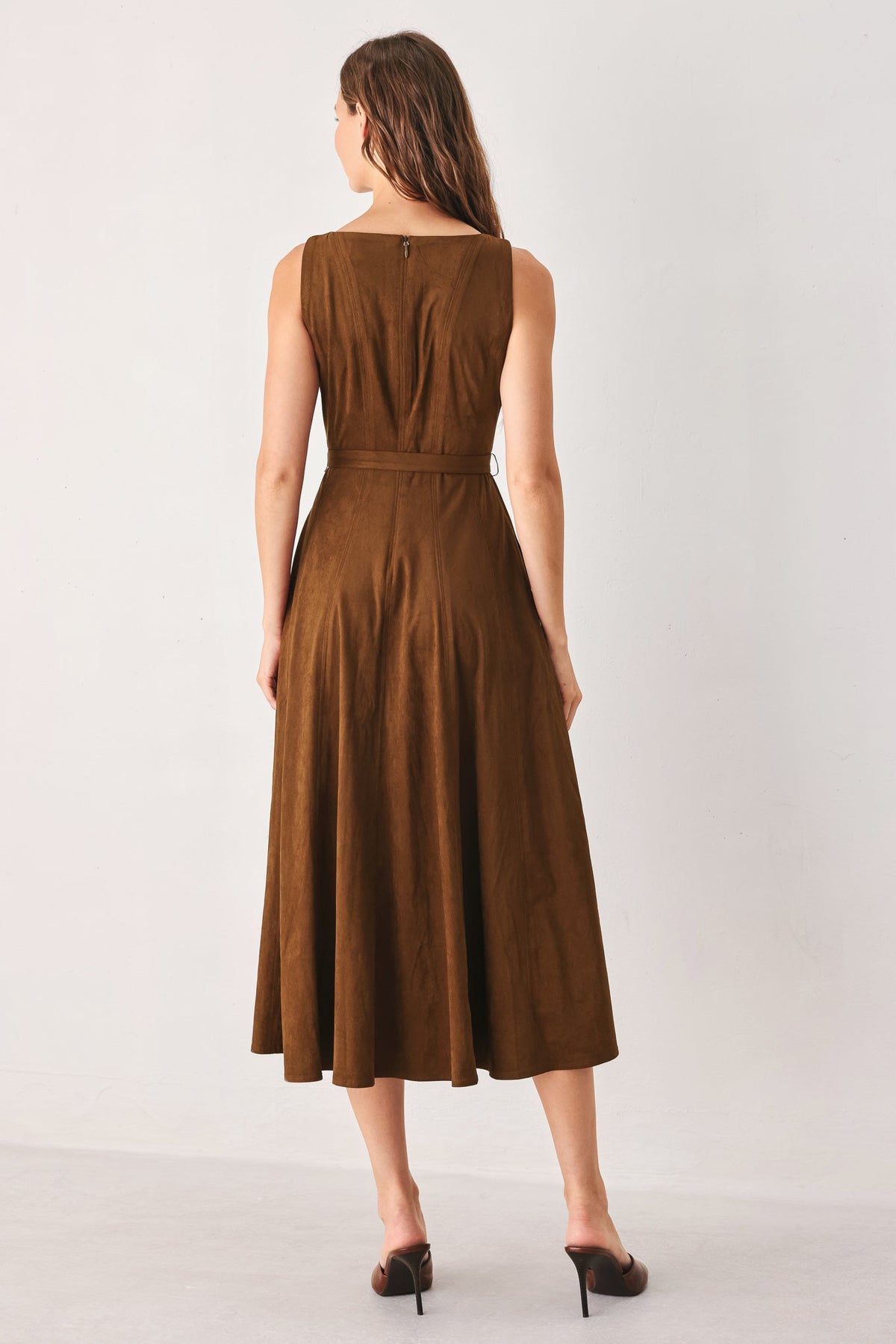 Flying Tomato amber tobacco faux suede midi dress with long sleeves and a fitted silhouette, displayed on a hanger.