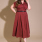 Flying Tomato Perfect Balance Woven Midi Dress in berry color, showing a stylish, knee-length dress with a fitted waist and woven fabric.