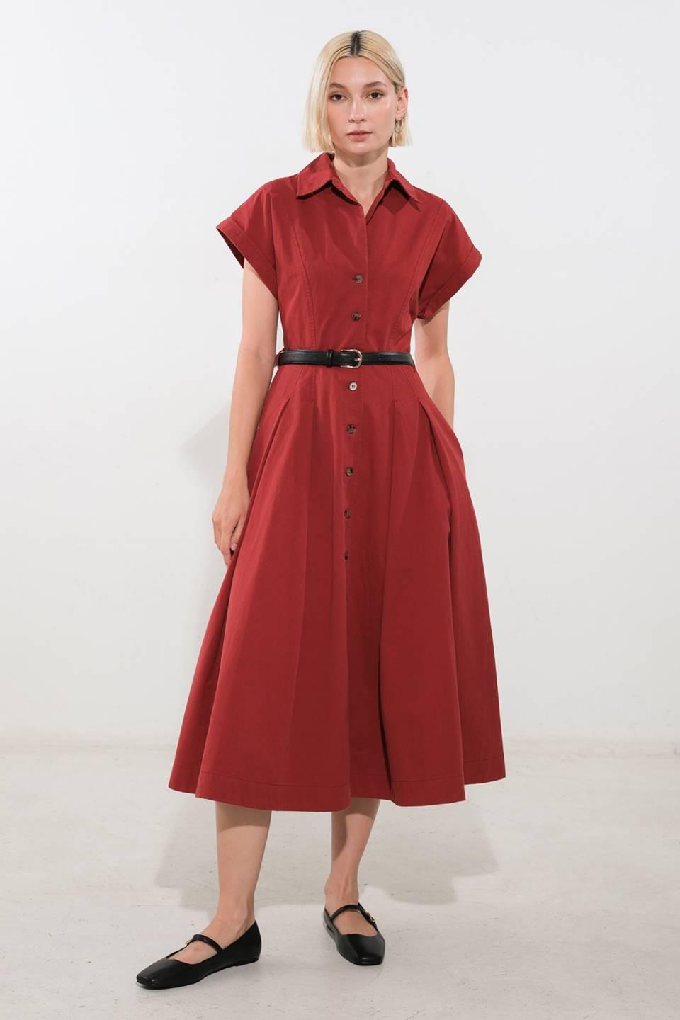Flying Tomato Perfect Balance Woven Midi Dress in berry color, featuring a stylish, comfortable dress with a fitted waist and flowing skirt.