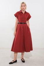 Flying Tomato Perfect Balance Woven Midi Dress in berry color, featuring a stylish, comfortable dress with a fitted waist and flowing skirt.