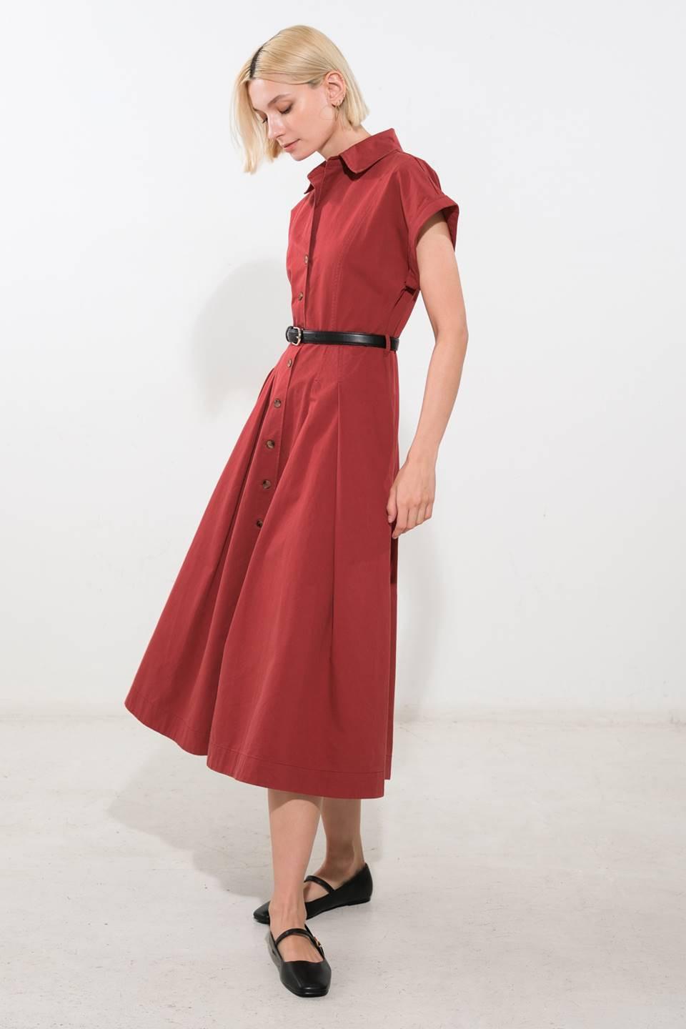 Flying Tomato Perfect Balance Woven Midi Dress in berry color, showcasing a stylish, flowy design with a fitted waist and versatile length.