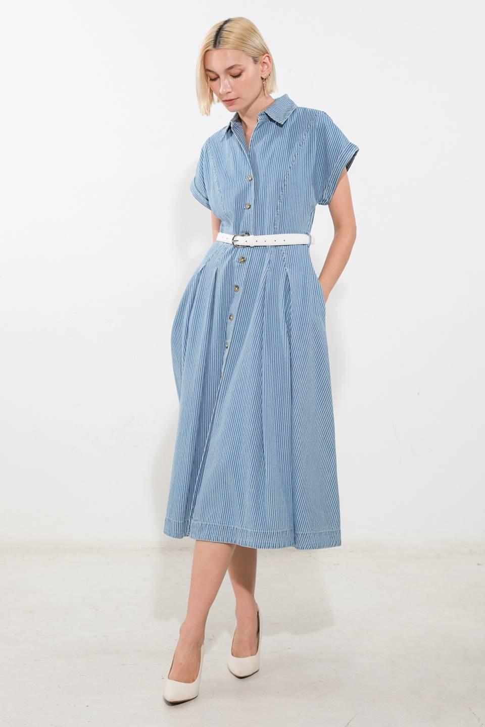 Flying Tomato denim midi dress in blue and white with a sun-inspired design, perfect for casual summer wear.