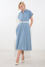 Flying Tomato denim midi dress in blue and white with a sun-inspired design, perfect for casual summer wear.