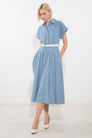 Flying Tomato denim midi dress in blue and white with a sun-inspired design, perfect for casual summer wear.
