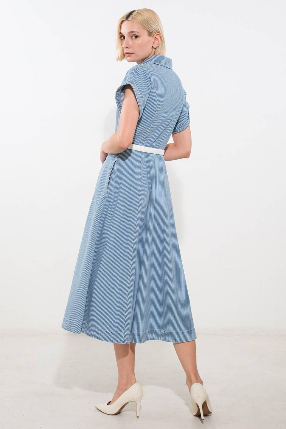 Flying Tomato SOAK IN THE SUN denim midi dress in blue and white, featuring a casual, sun-inspired design perfect for warm-weather wear.