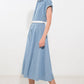 Flying Tomato denim midi dress in blue and white with a casual sun-inspired design, perfect for summer outings.