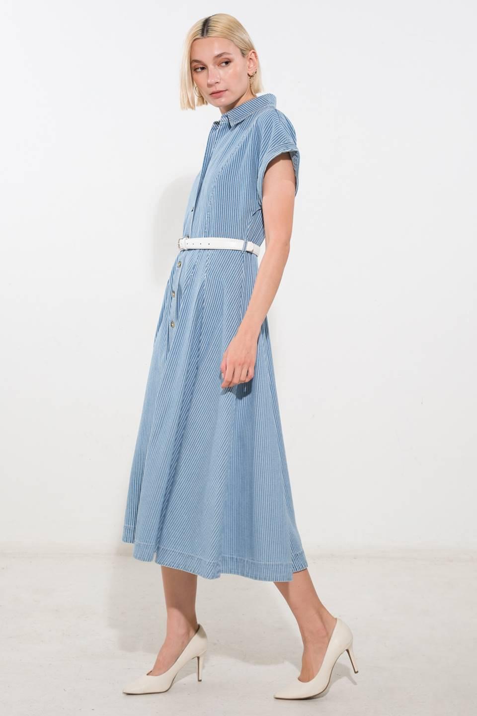 Flying Tomato denim midi dress in blue and white with a casual sun-inspired design, perfect for summer outings.